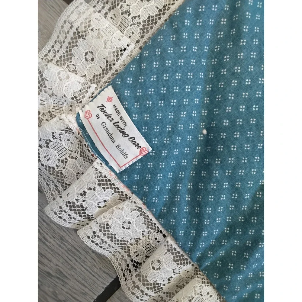 Handmade Vintage Teddy‎ Bear Quilted Baby Blanket Lace Trim Teal Peach 46x58